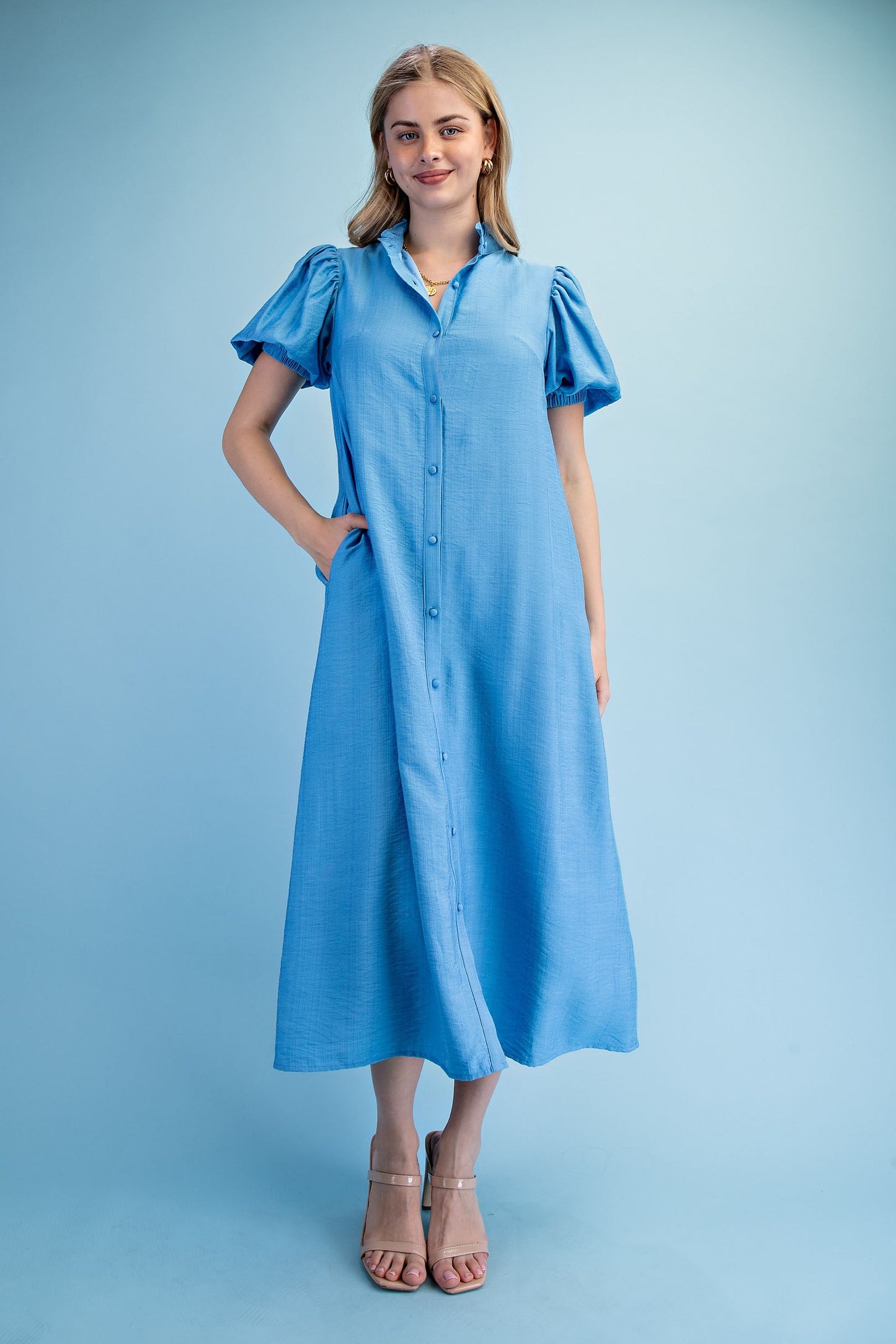 Button Down Midi Dress Azure Blue