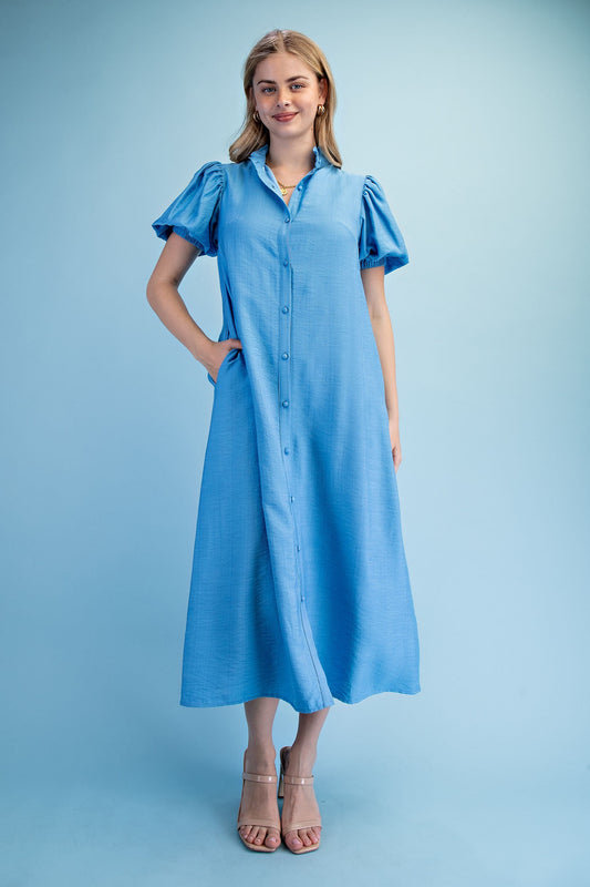 Button Down Midi Dress Azure Blue