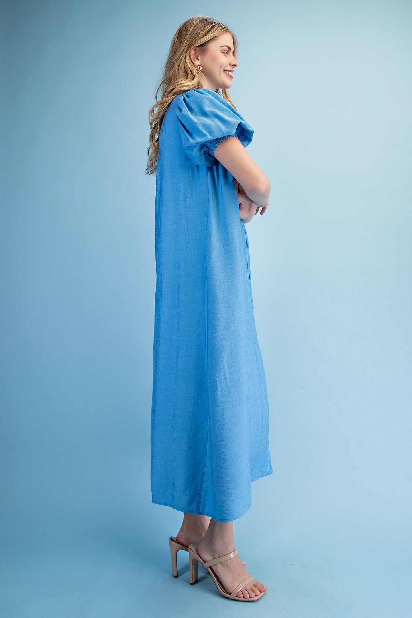 Button Down Midi Dress Azure Blue