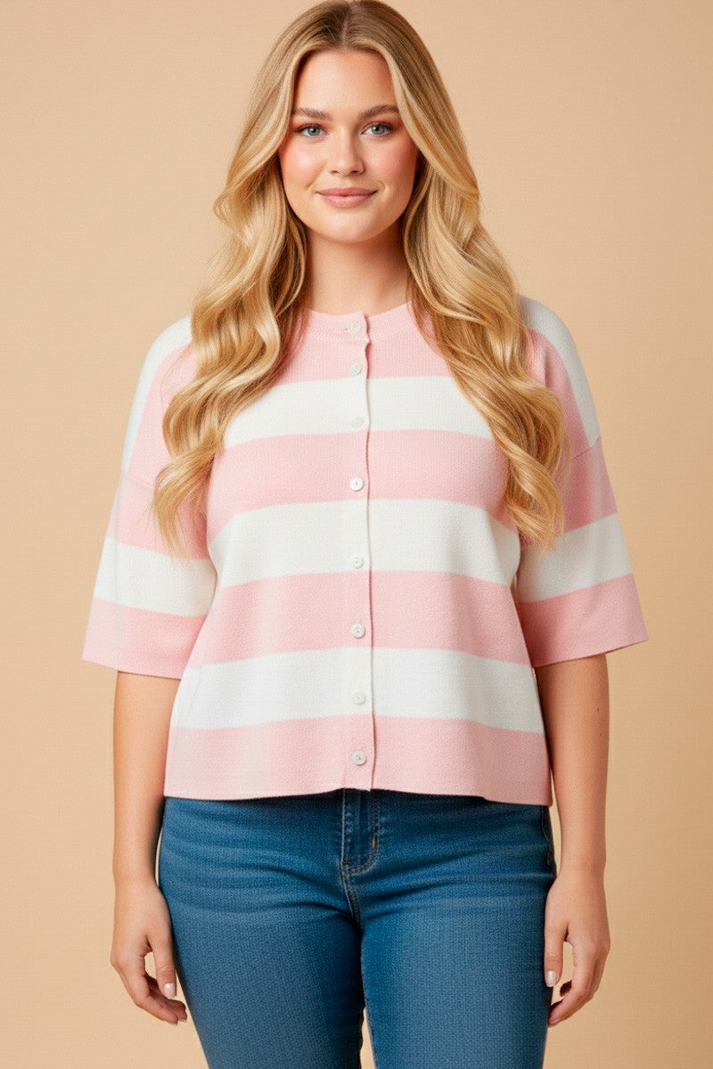 Plus Striped Button Down Knitted Top