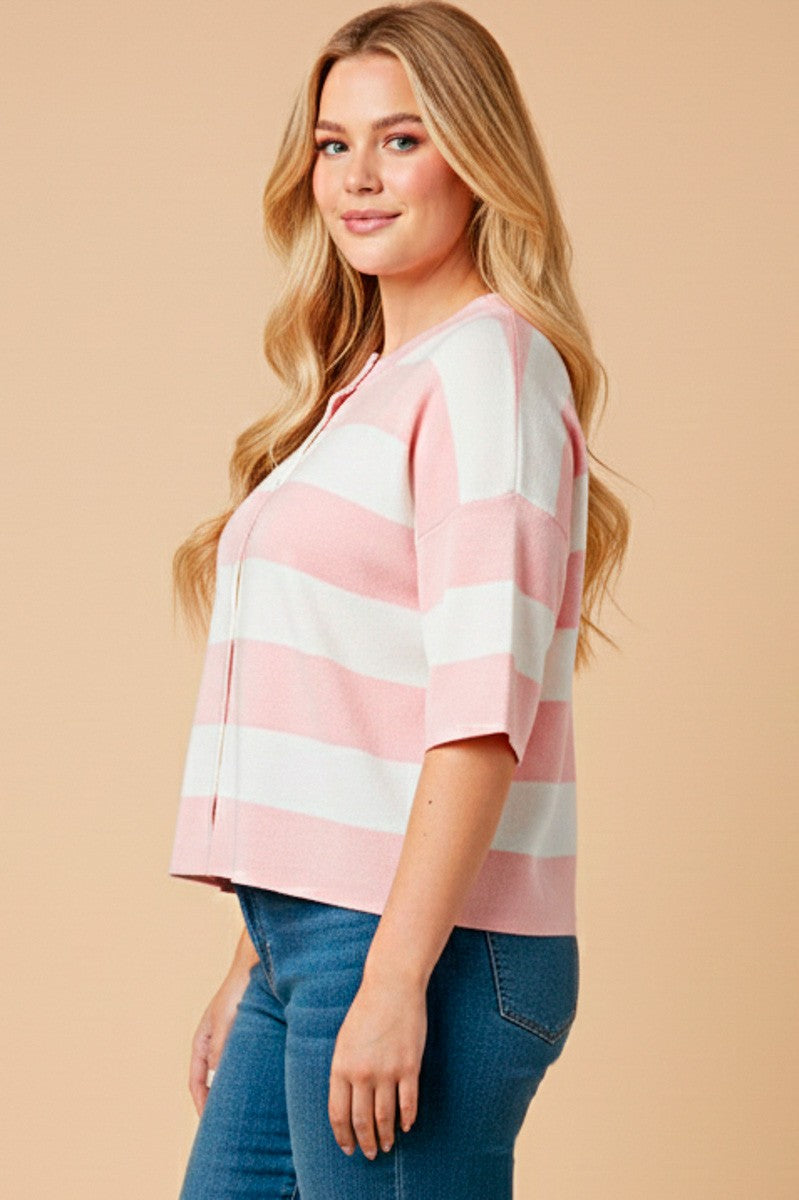 Plus Striped Button Down Knitted Top