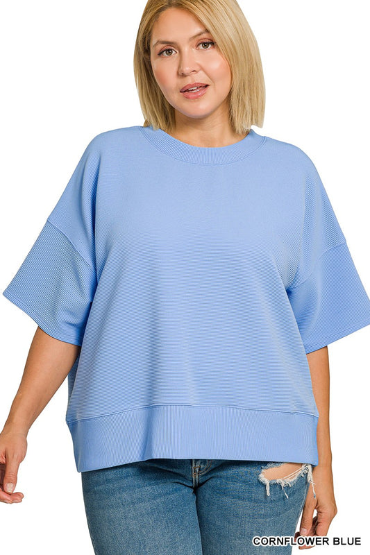 Plus Ribbed Round Neck Waist Banded Tee Shirts