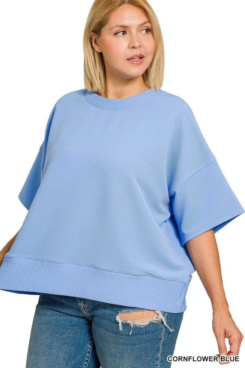 Plus Ribbed Round Neck Waist Banded Tee Shirts