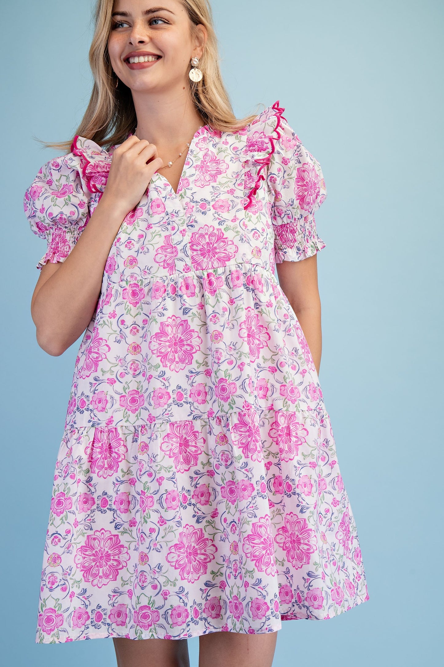 Floral Print V-neck Tiered Dress