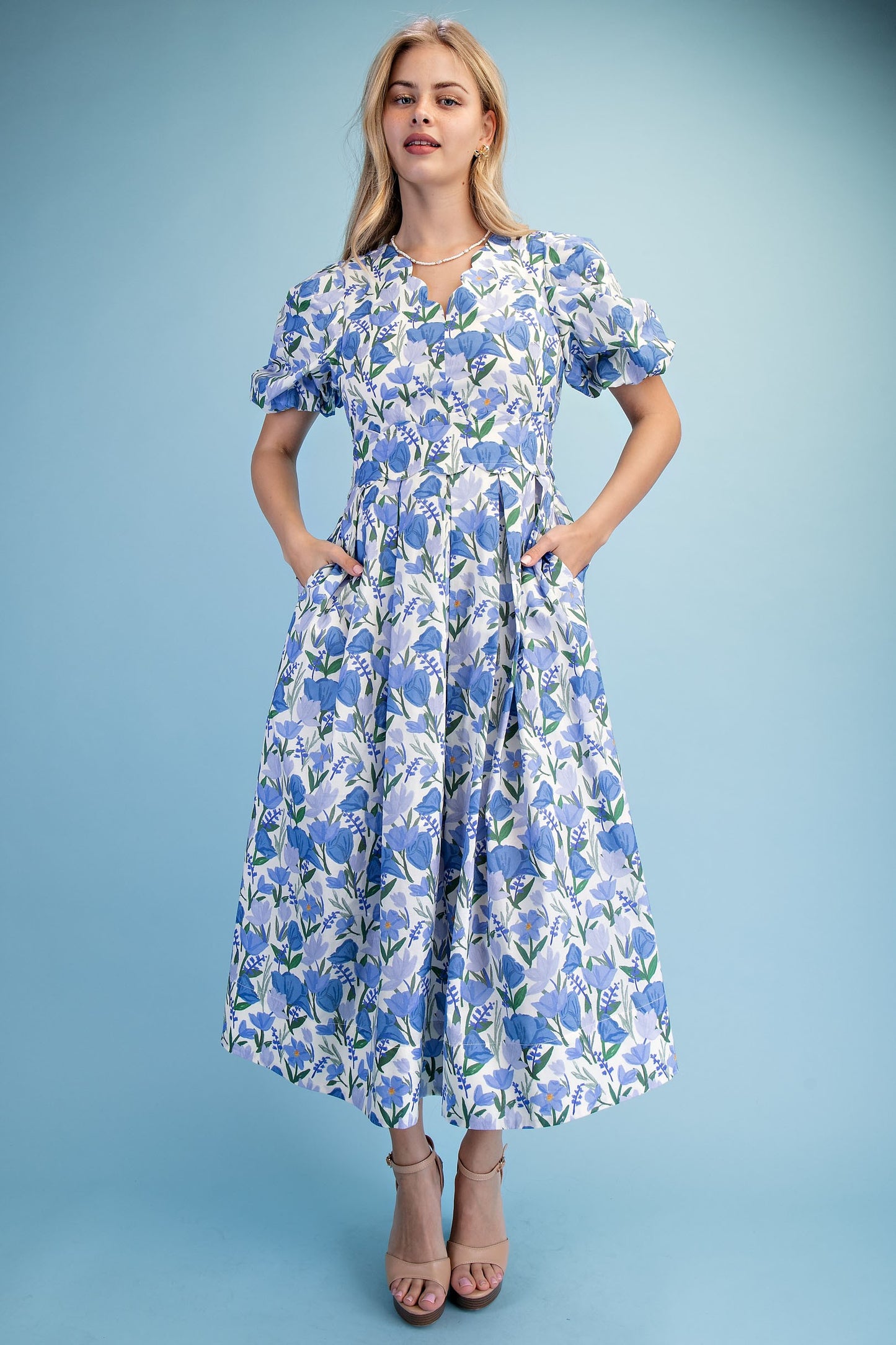Floral Print Puff Sleeve Midi Dress