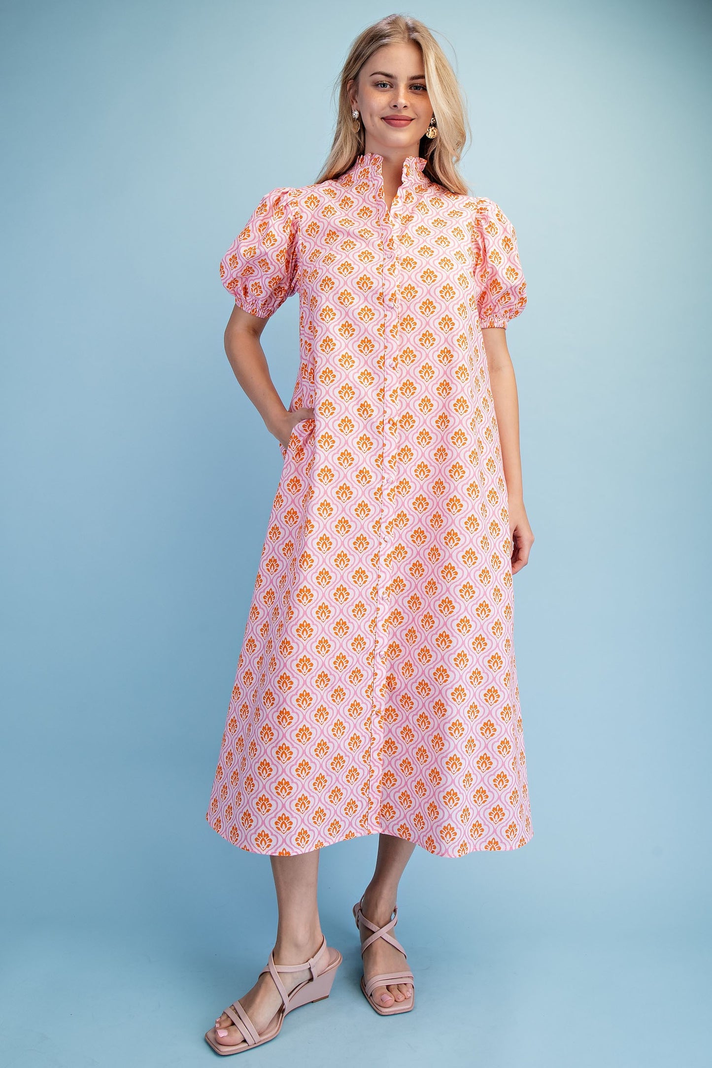 Bright Printed Button Down Midi Dress pink and orange