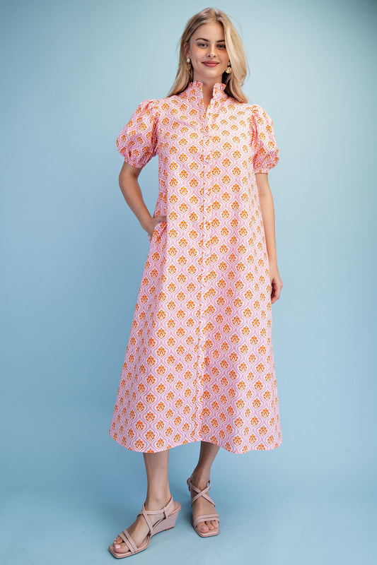 Bright Printed Button Down Midi Dress pink and orange