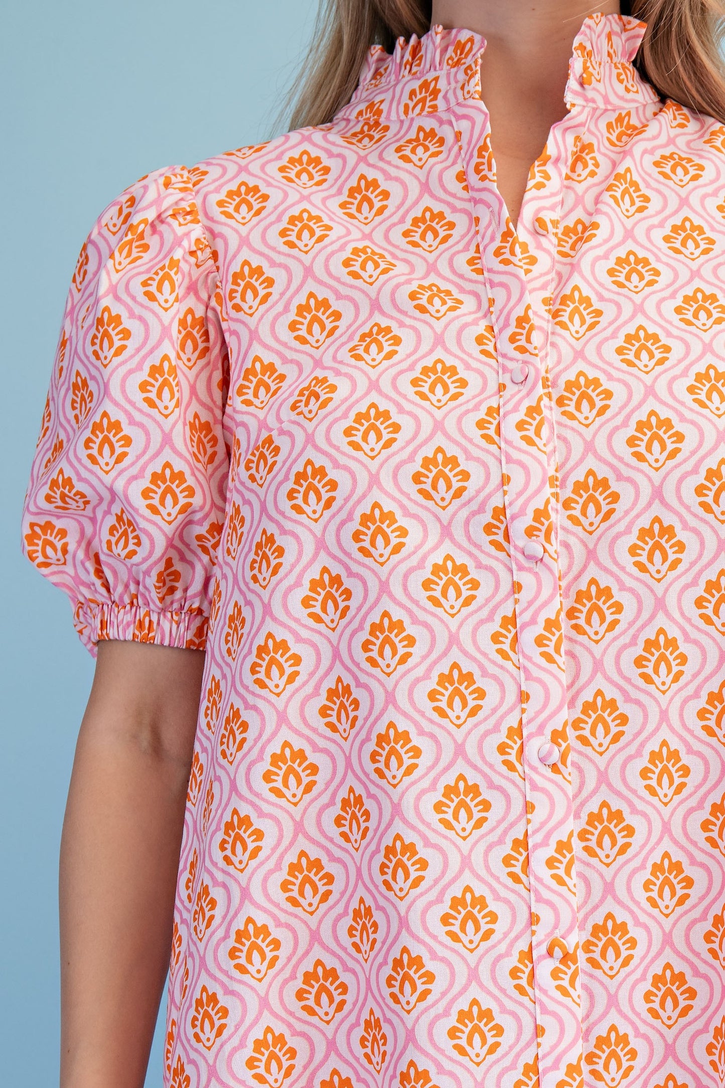 Bright Printed Button Down Midi Dress pink and orange