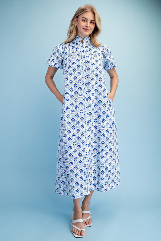 Bright Printed Button Down Midi Dress Cobalt blue