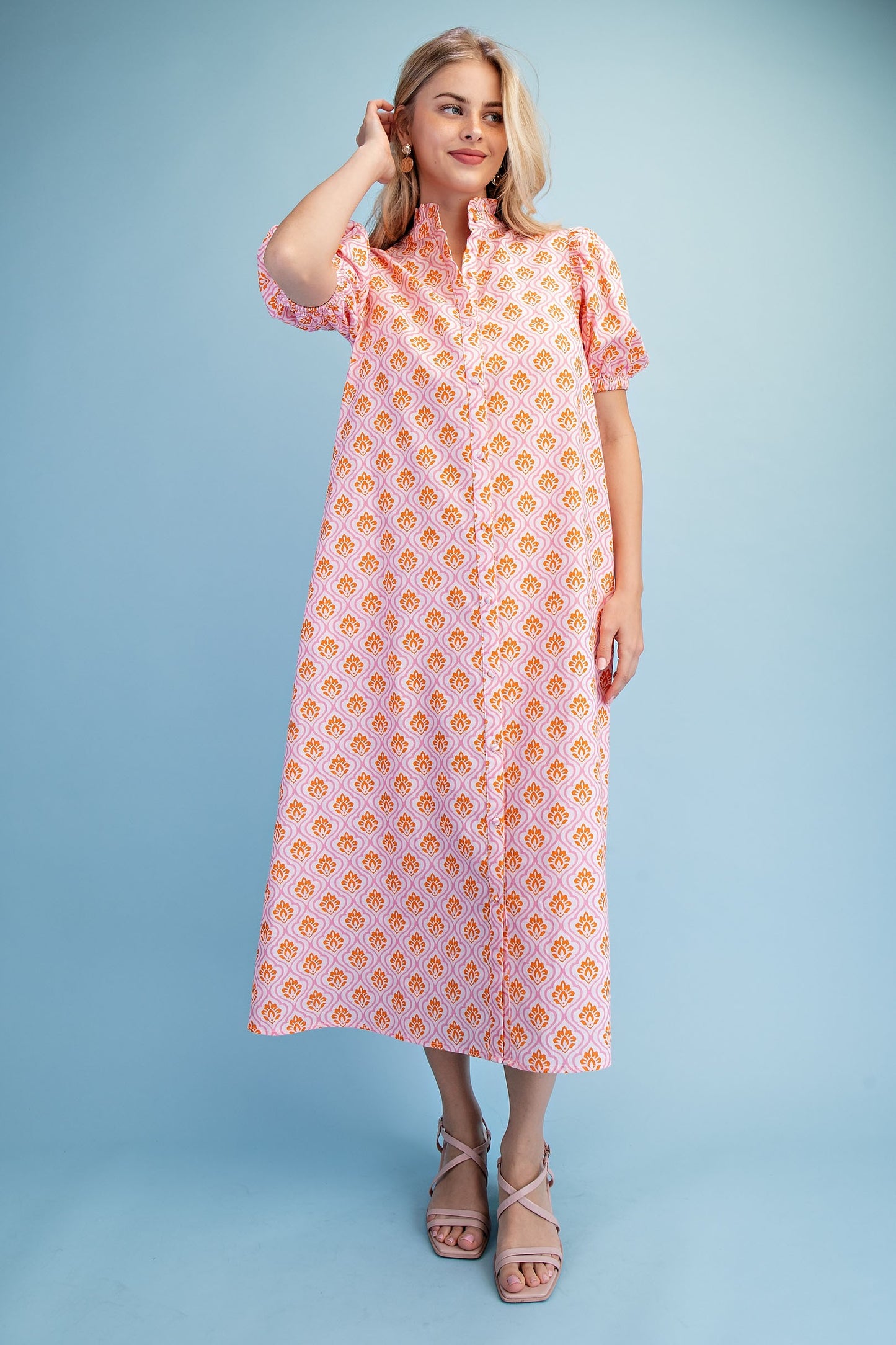 Bright Printed Button Down Midi Dress pink and orange