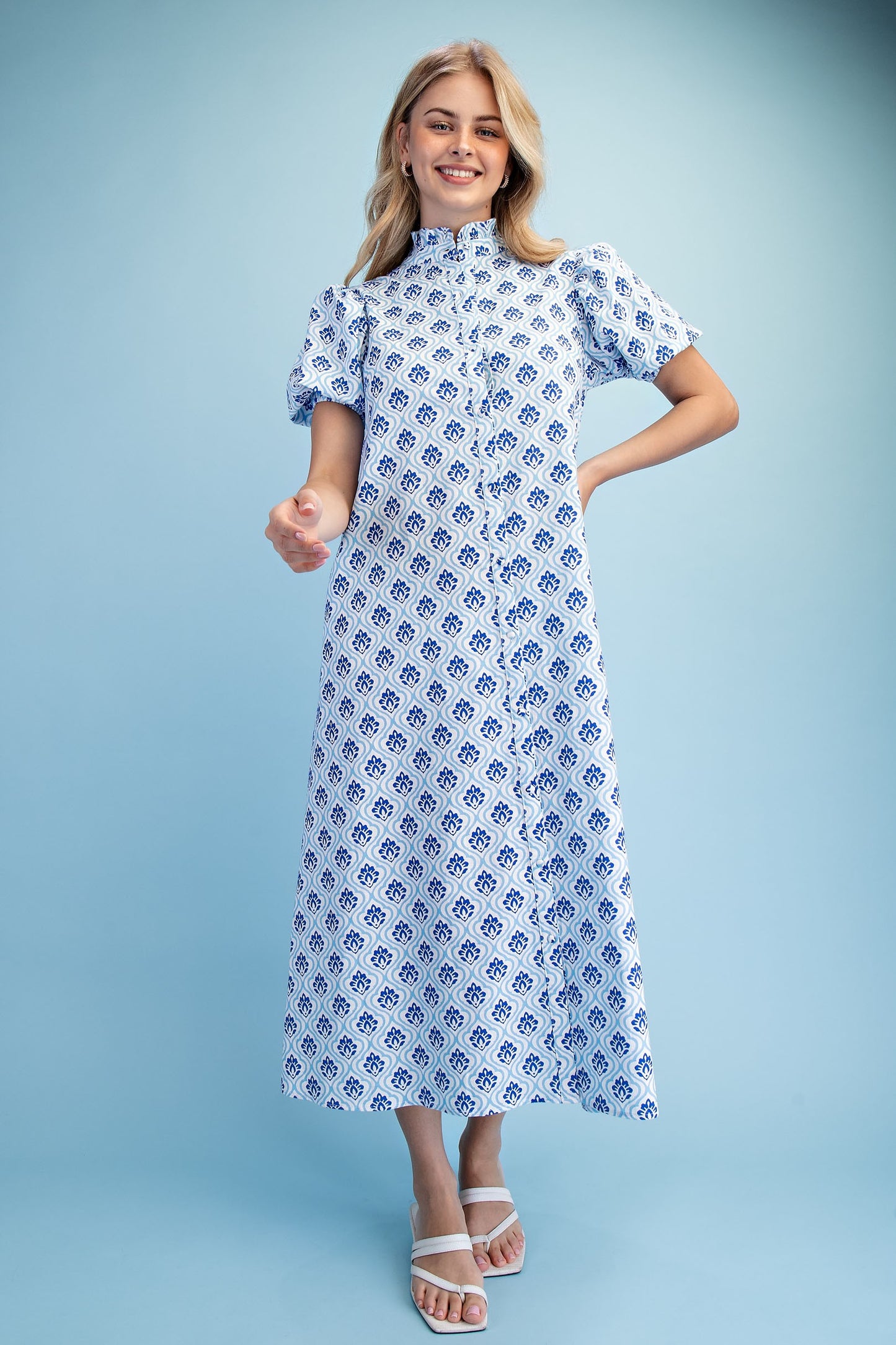 Bright Printed Button Down Midi Dress Cobalt blue