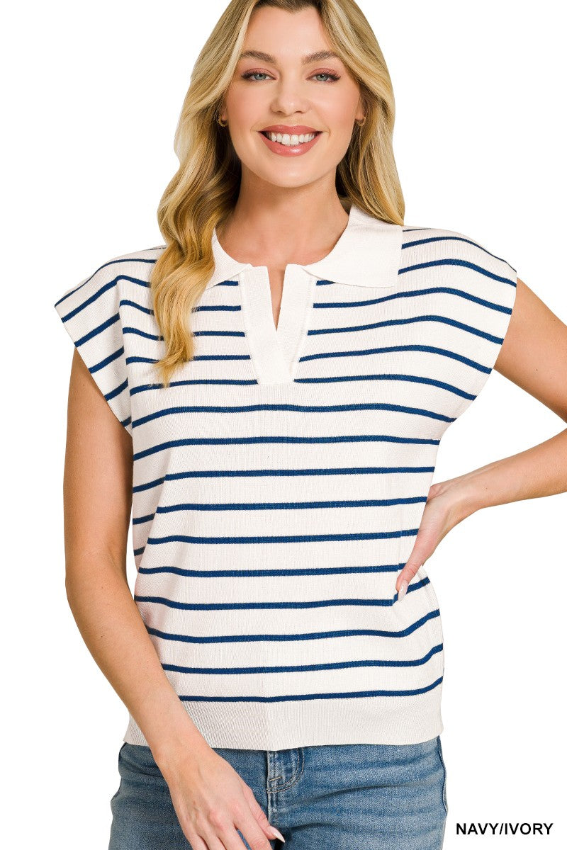 Viscose Striped Collared Sweater Vest