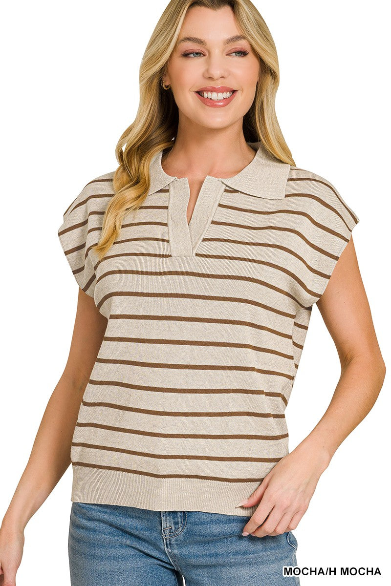 Viscose Striped Collared Sweater Vest