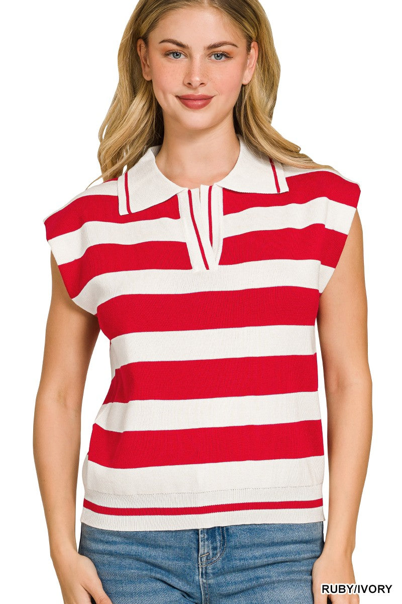 Viscose Striped Collared Sweater Vest