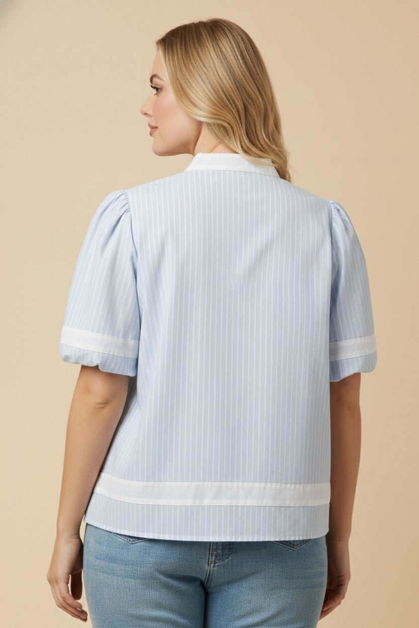 Plus Contrast Paneled Collared Pinstripe Top