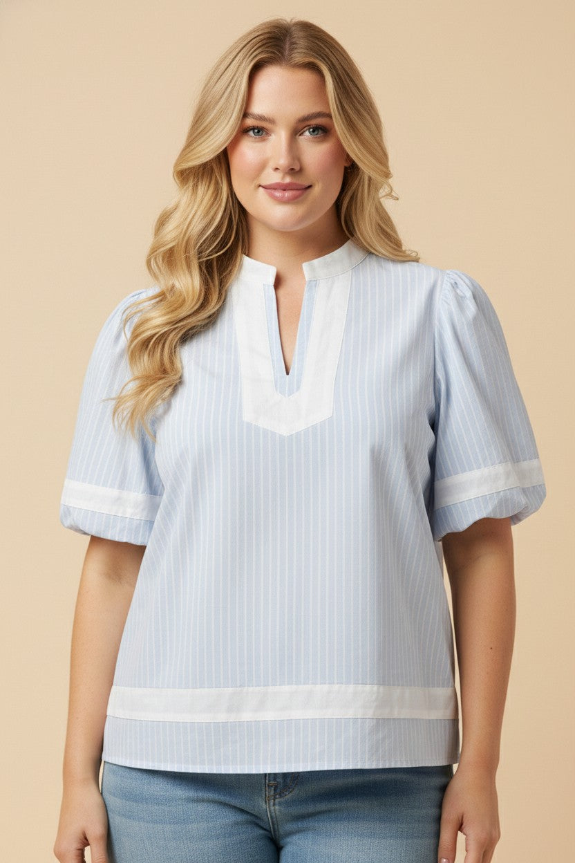 Plus Contrast Paneled Collared Pinstripe Top
