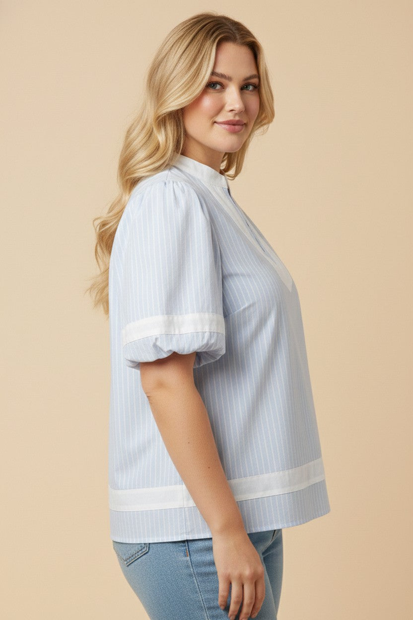 Plus Contrast Paneled Collared Pinstripe Top