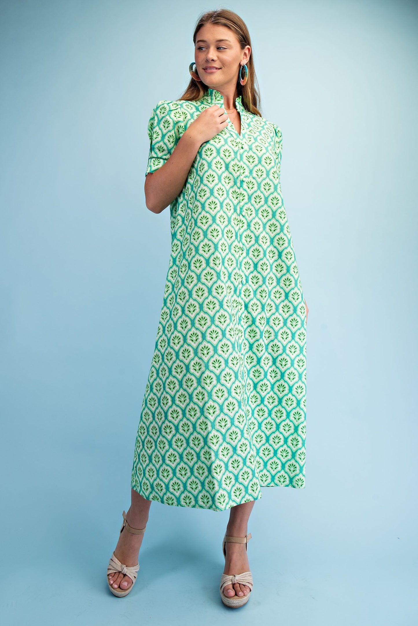 Bright Printed Button Down Midi Dress Grass Mix