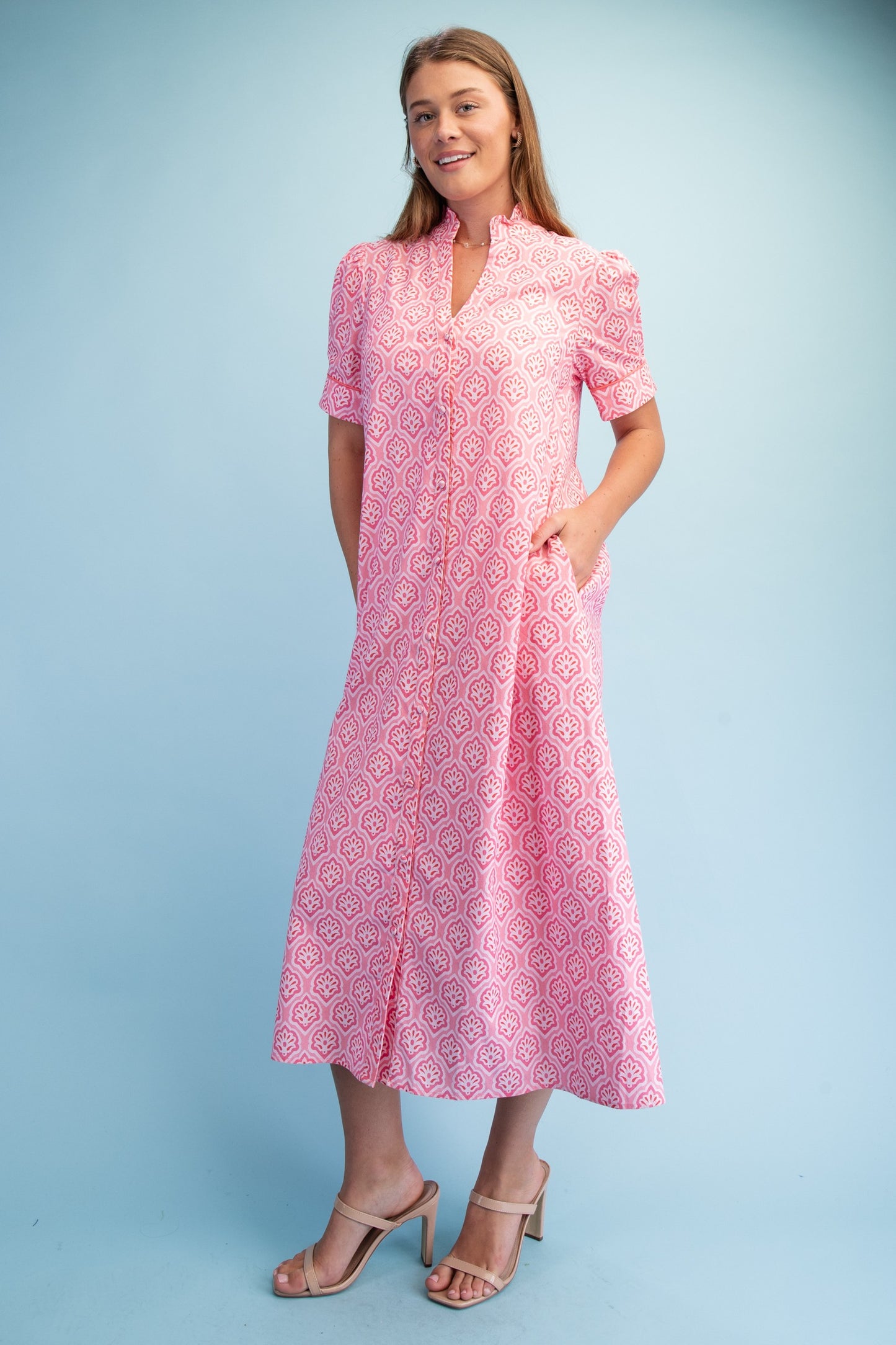 Bright Printed Button Down Midi Dress Blush Mix