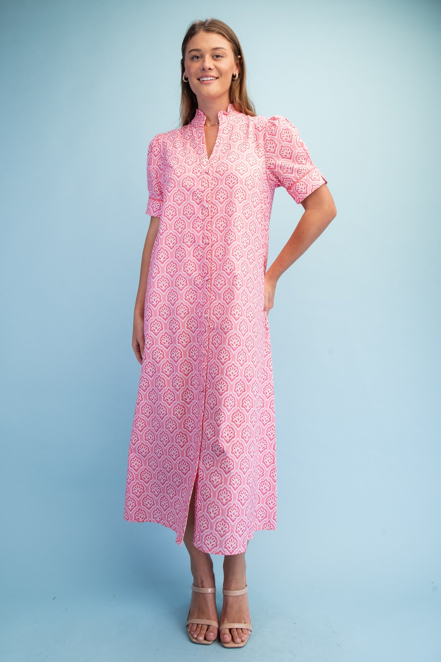 Bright Printed Button Down Midi Dress Blush Mix