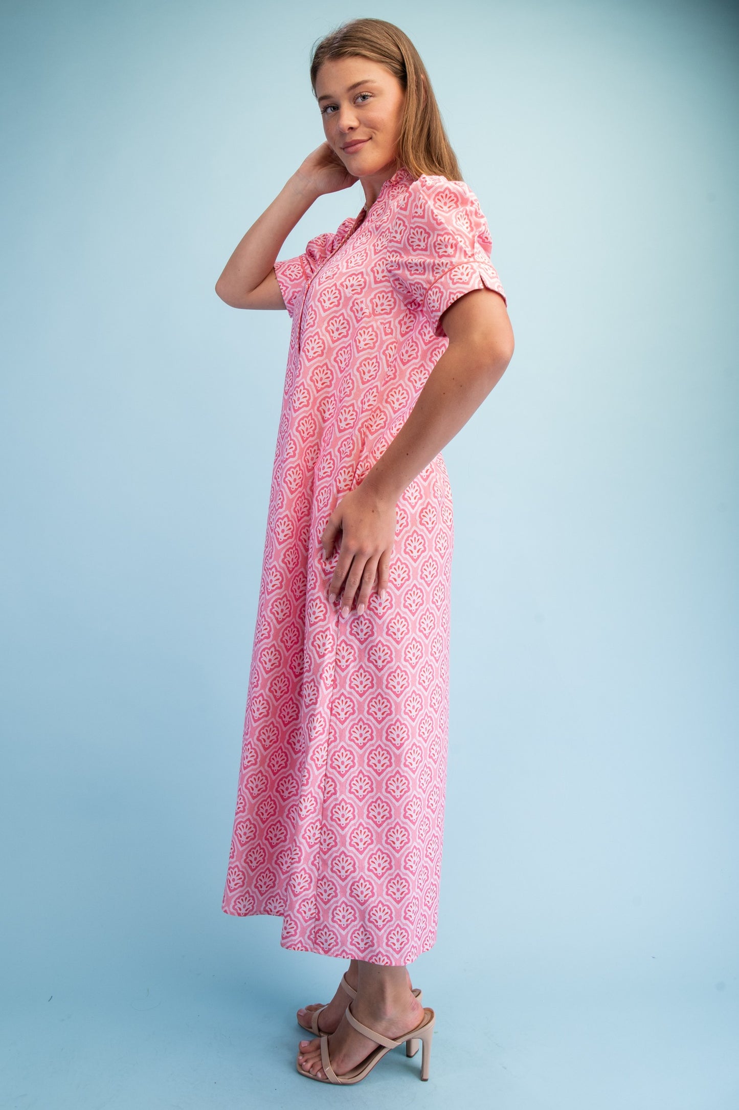 Bright Printed Button Down Midi Dress Blush Mix