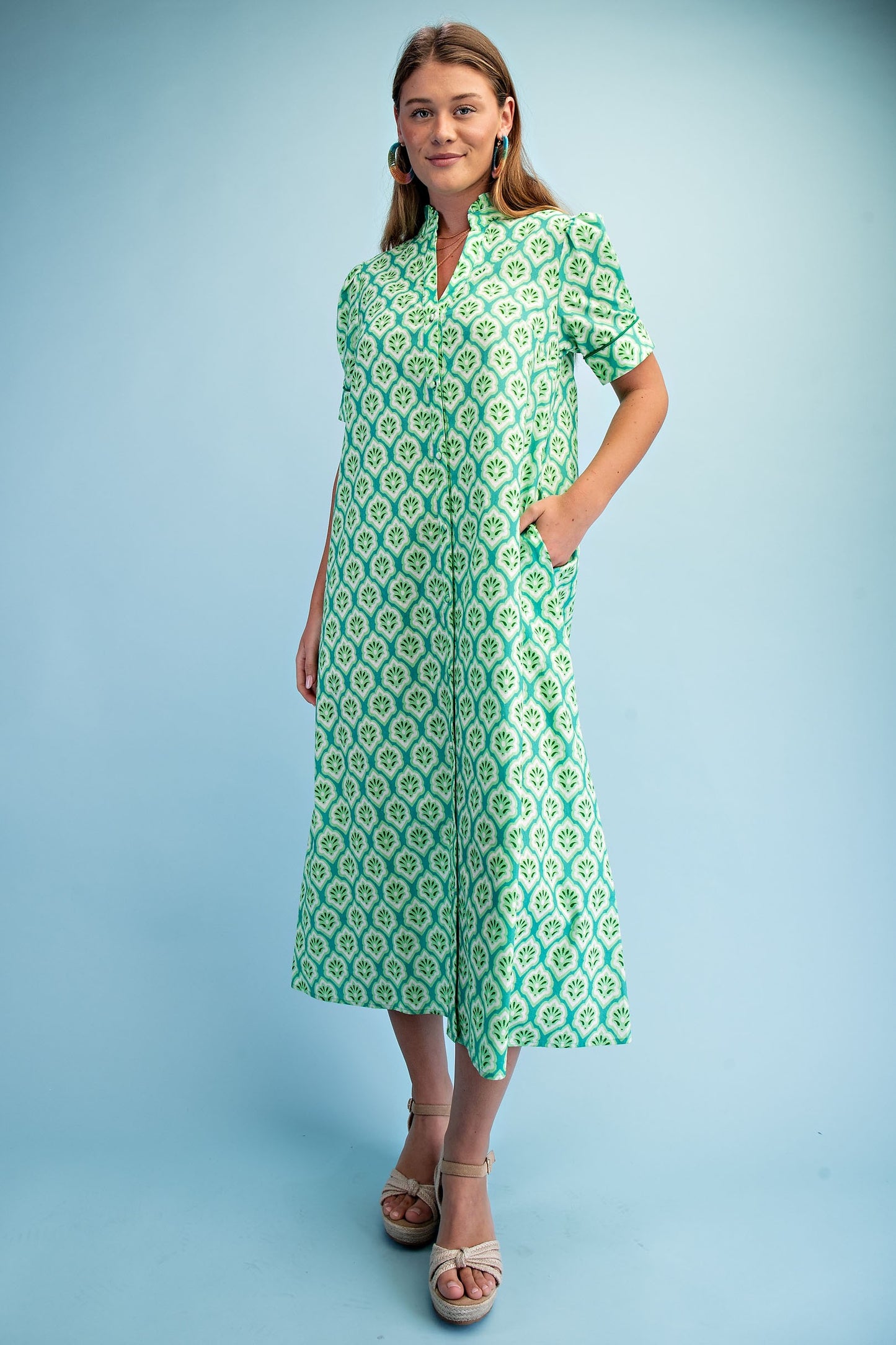 Bright Printed Button Down Midi Dress Grass Mix