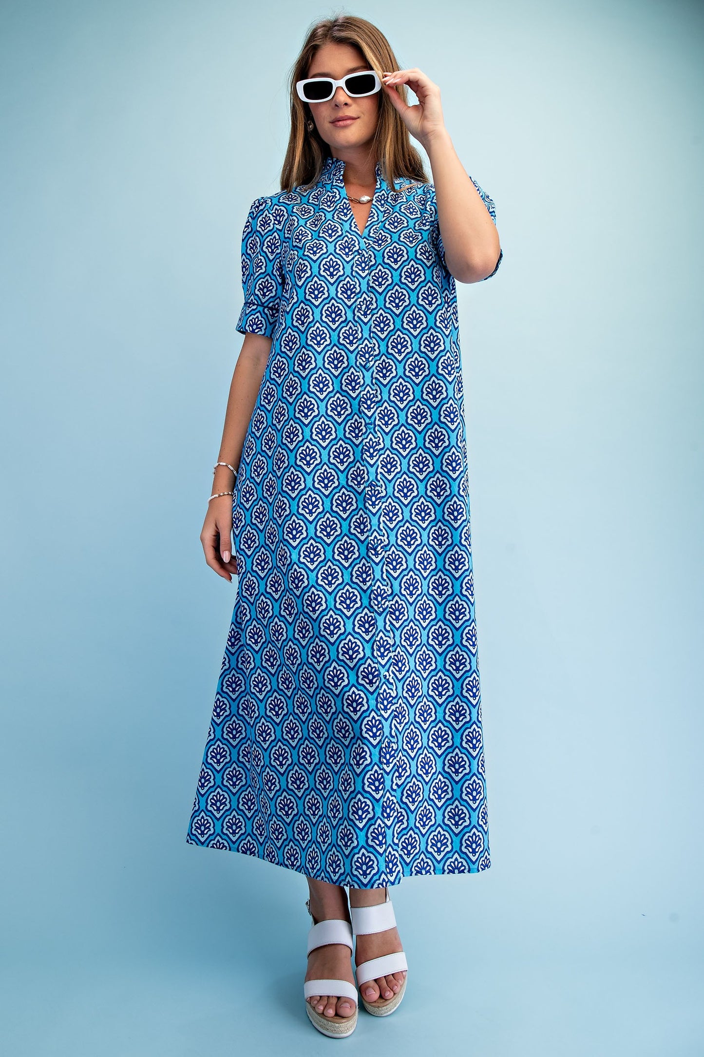 Bright Printed Button Down Midi Dress Sapphire Mix
