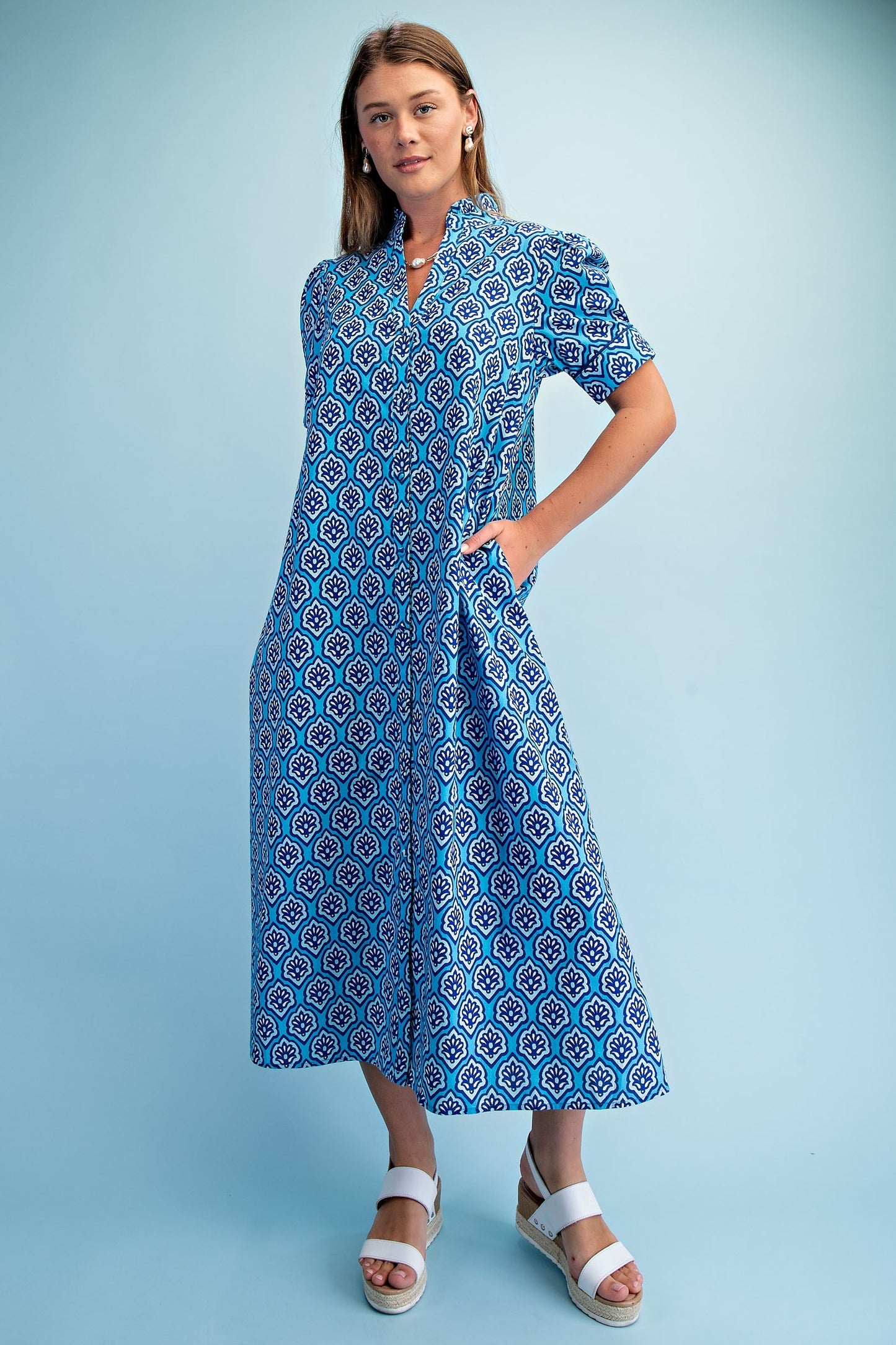 Bright Printed Button Down Midi Dress Sapphire Mix