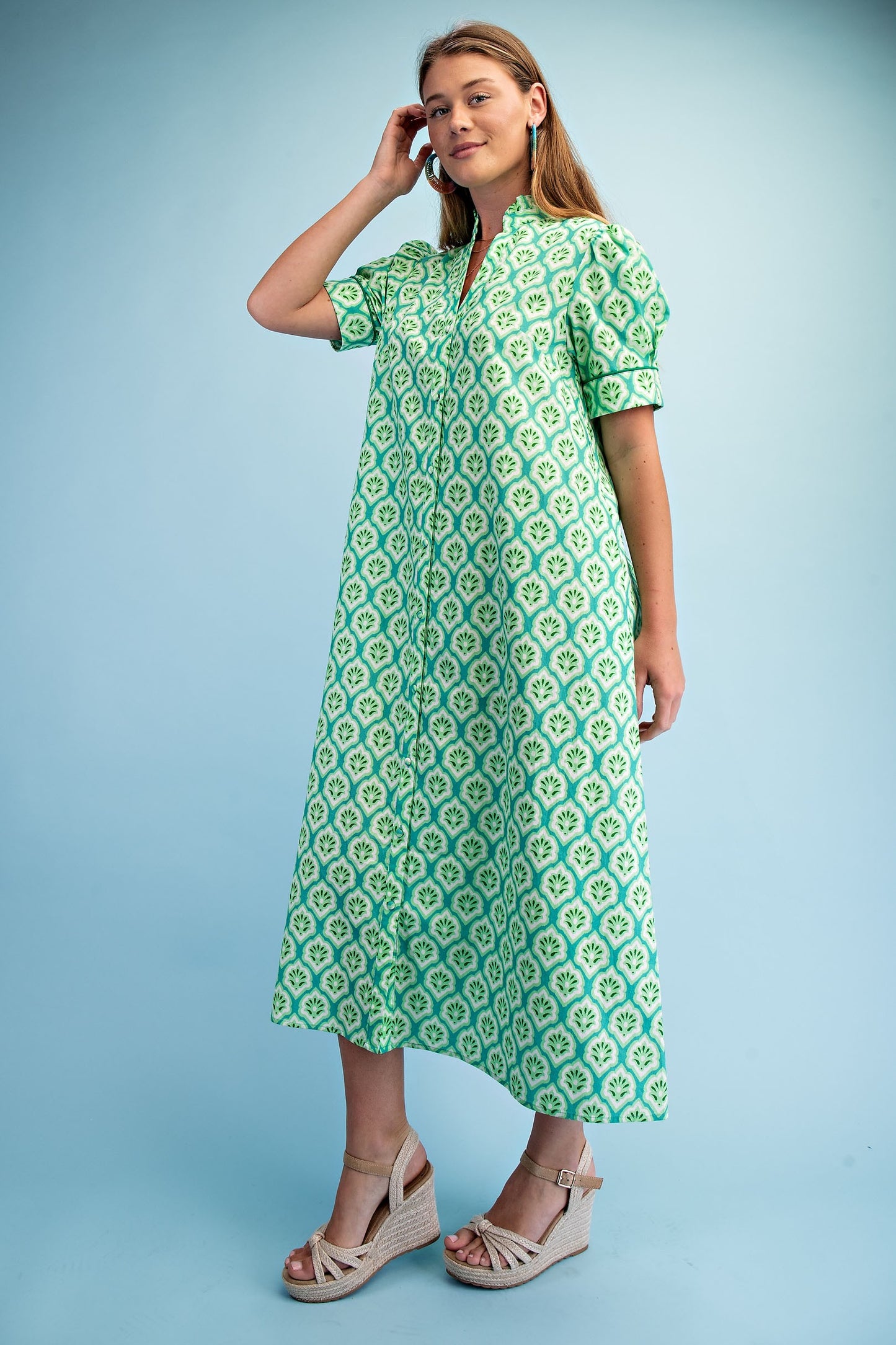 Bright Printed Button Down Midi Dress Grass Mix