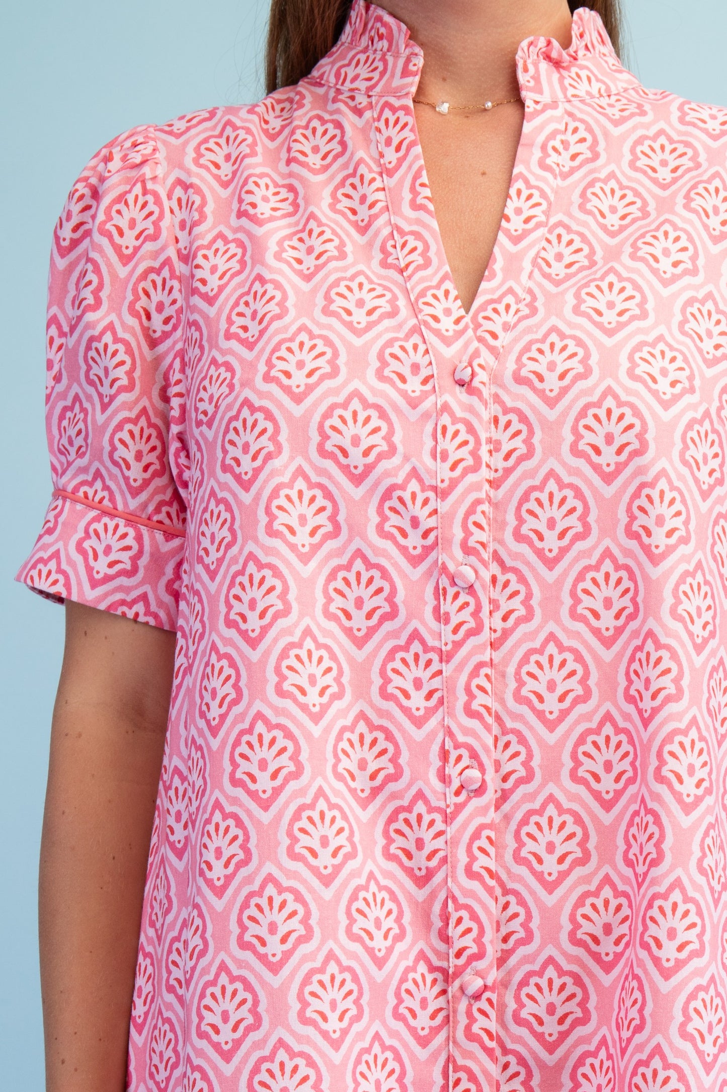 Bright Printed Button Down Midi Dress Blush Mix