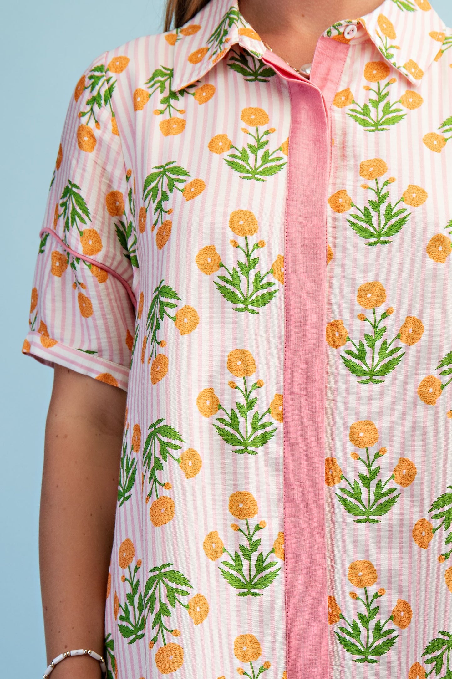 Striped Floral Maxi Shirt Dress