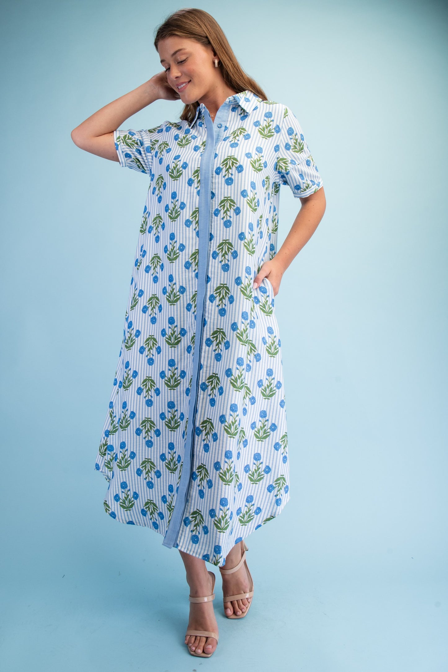Striped Floral Maxi Shirt Dress