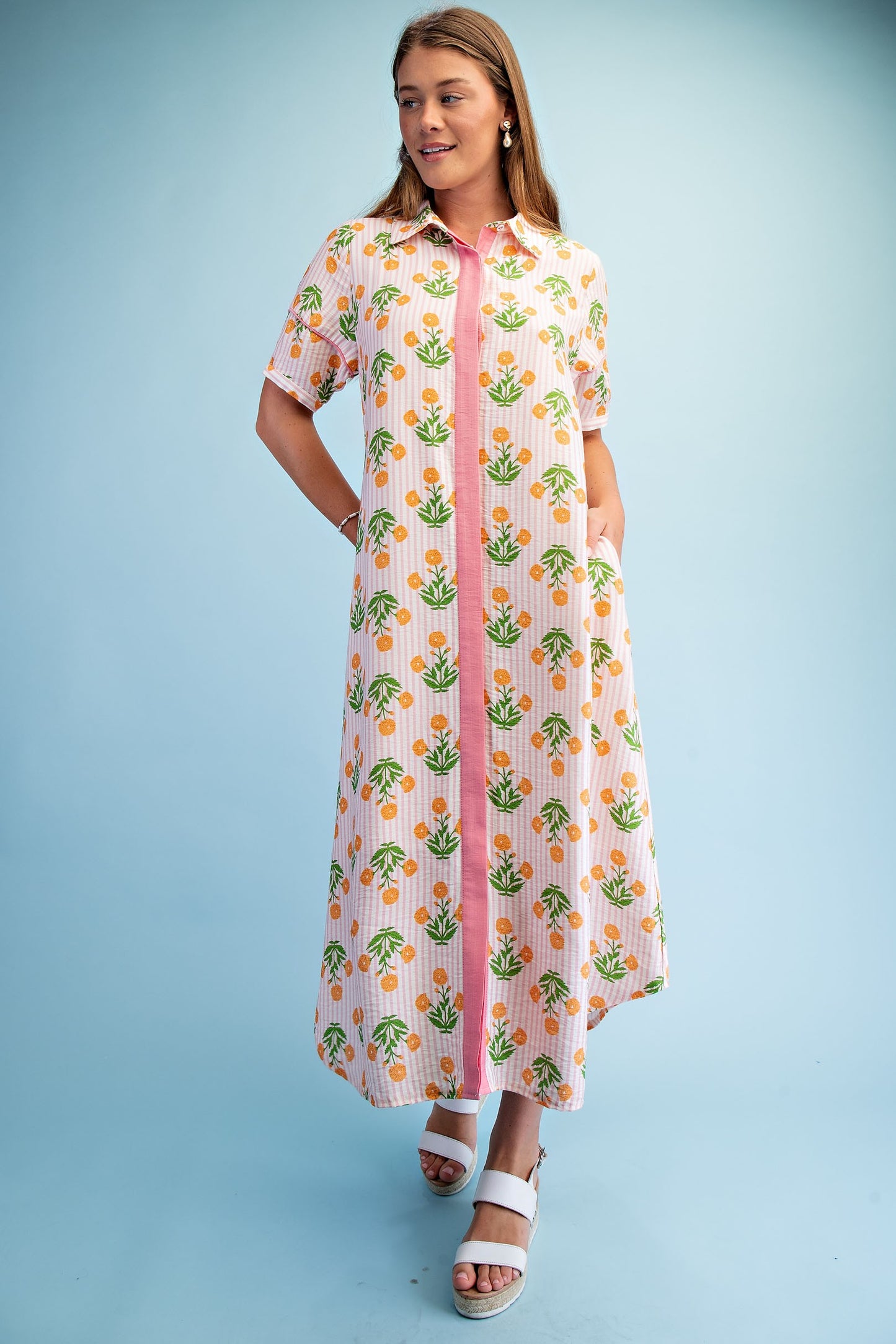 Striped Floral Maxi Shirt Dress