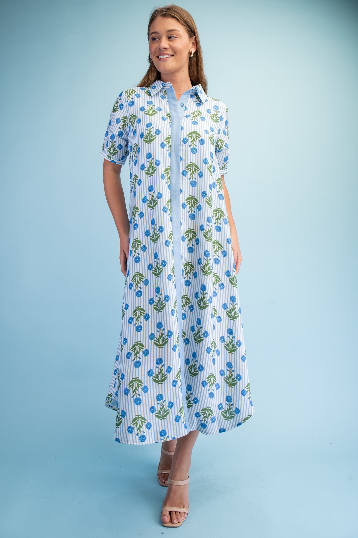 Striped Floral Maxi Shirt Dress