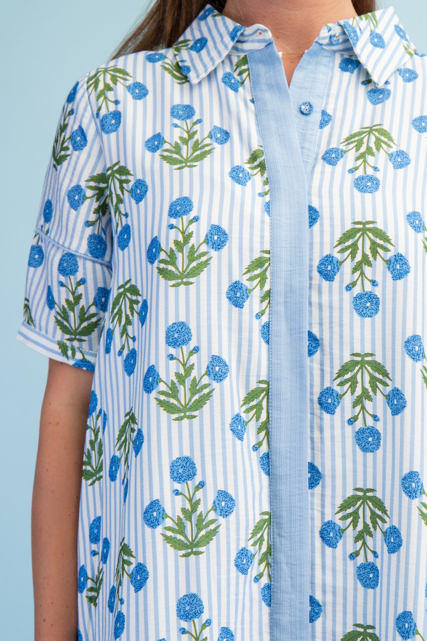 Striped Floral Maxi Shirt Dress
