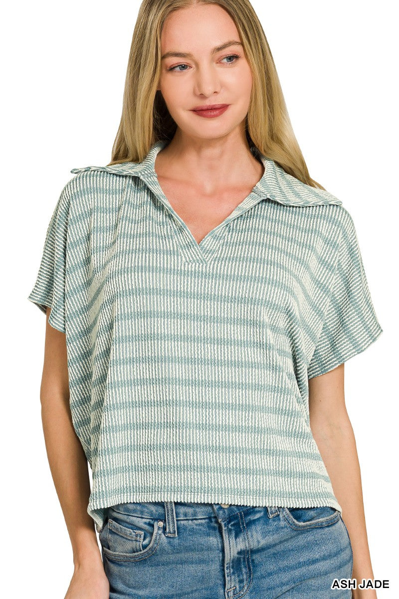 Raised Rib Striped Collared Top