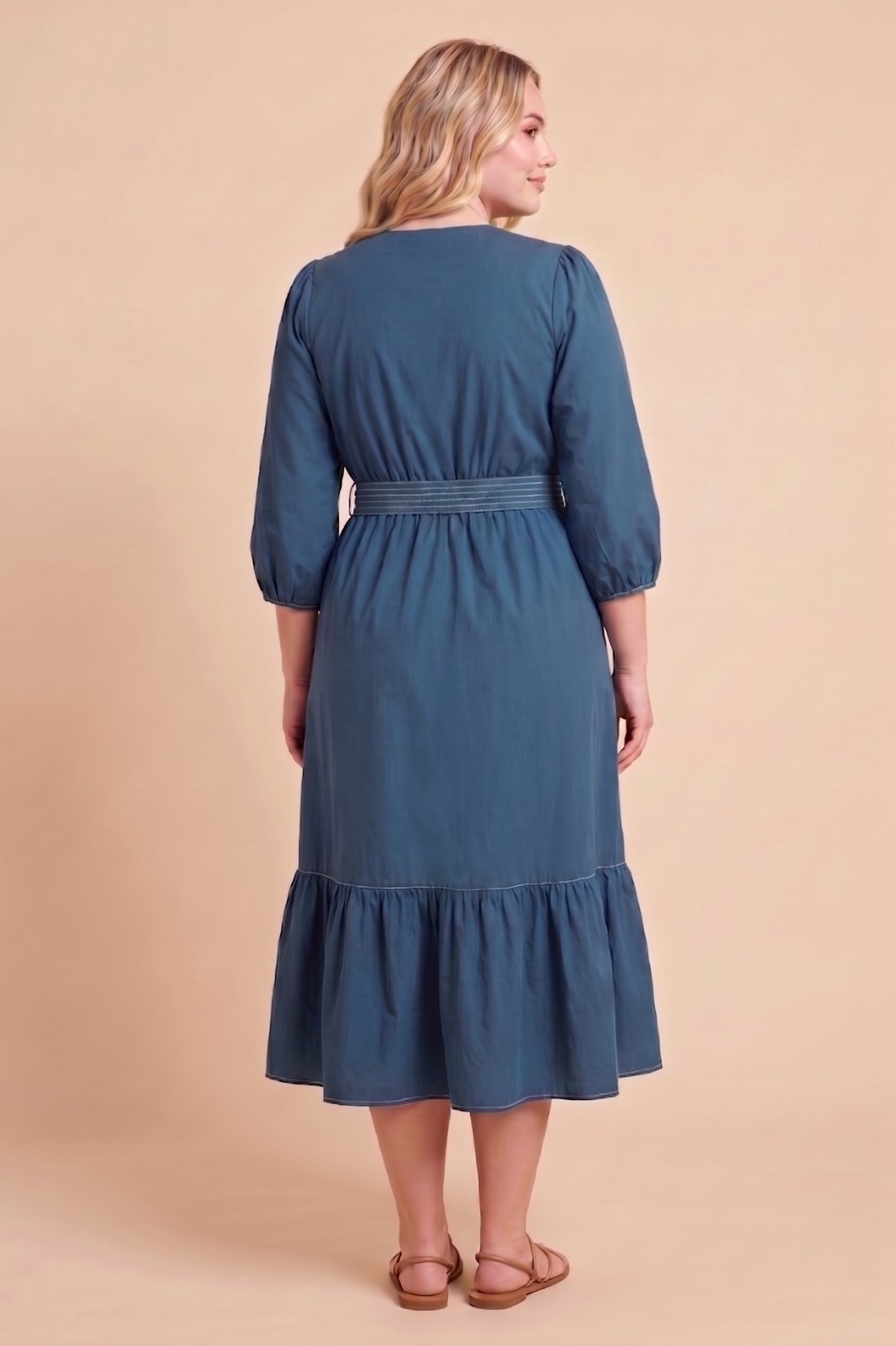Plus Contrast Stitch Belted Poplin Dress