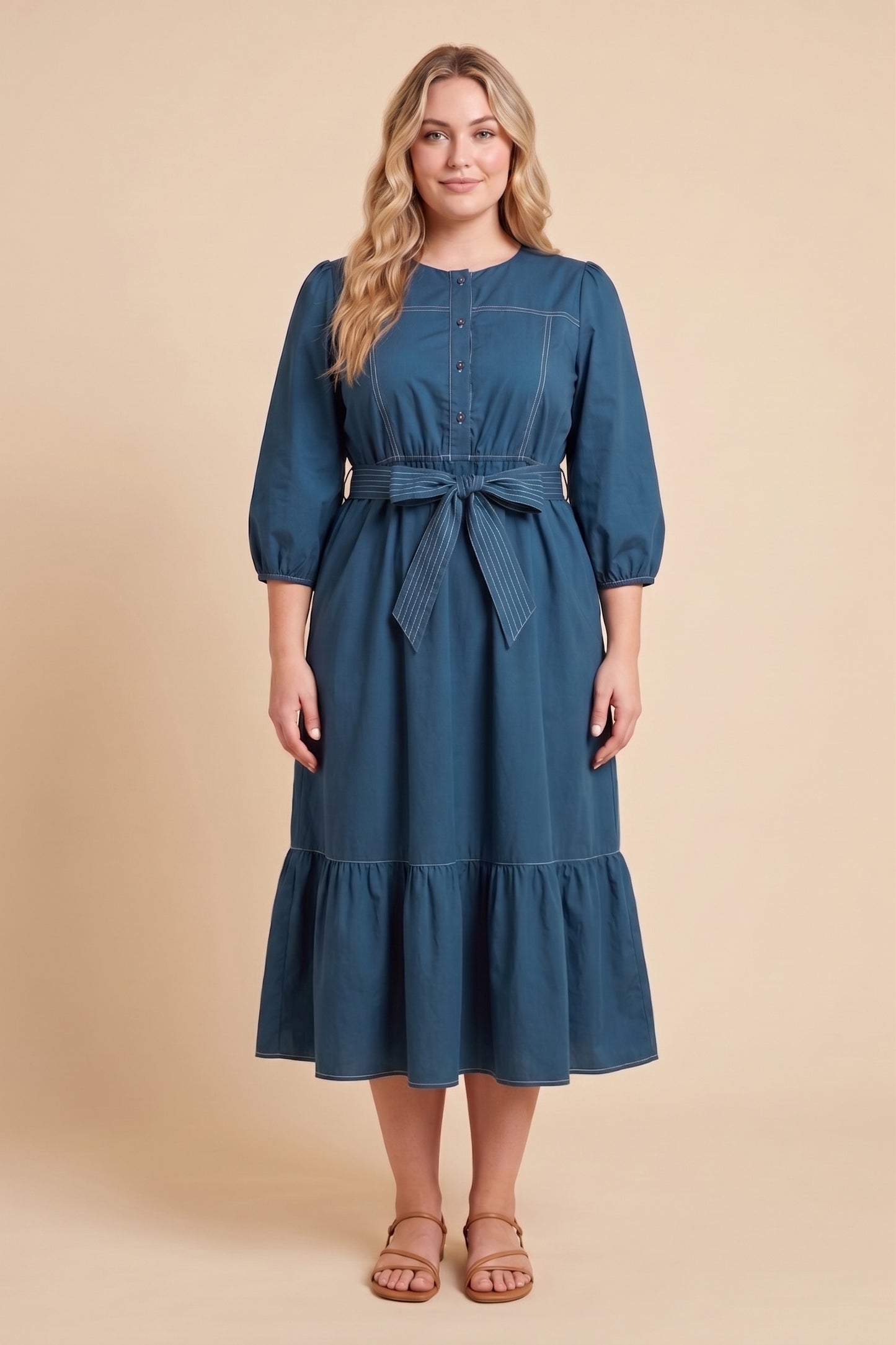 Plus Contrast Stitch Belted Poplin Dress
