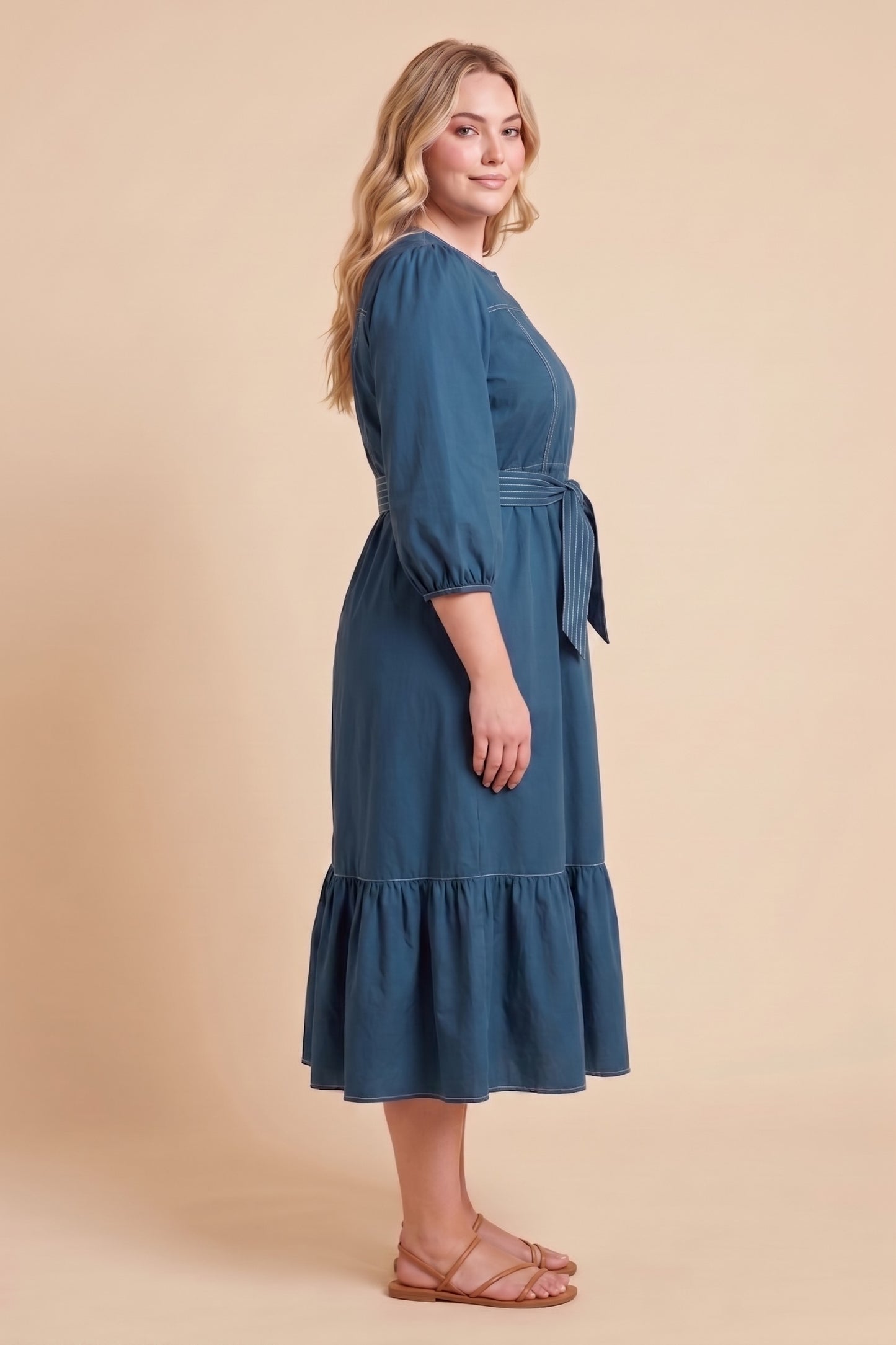 Plus Contrast Stitch Belted Poplin Dress