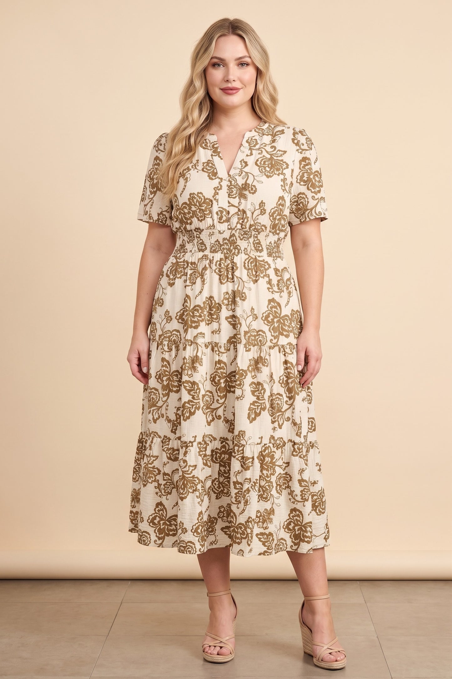 Plus Botanical Paisley Print Smocked Waist Dress
