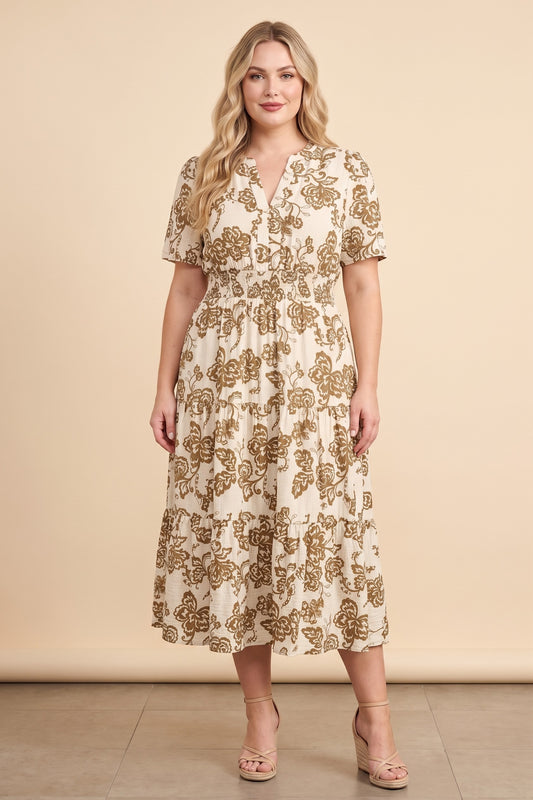 Plus Botanical Paisley Print Smocked Waist Dress