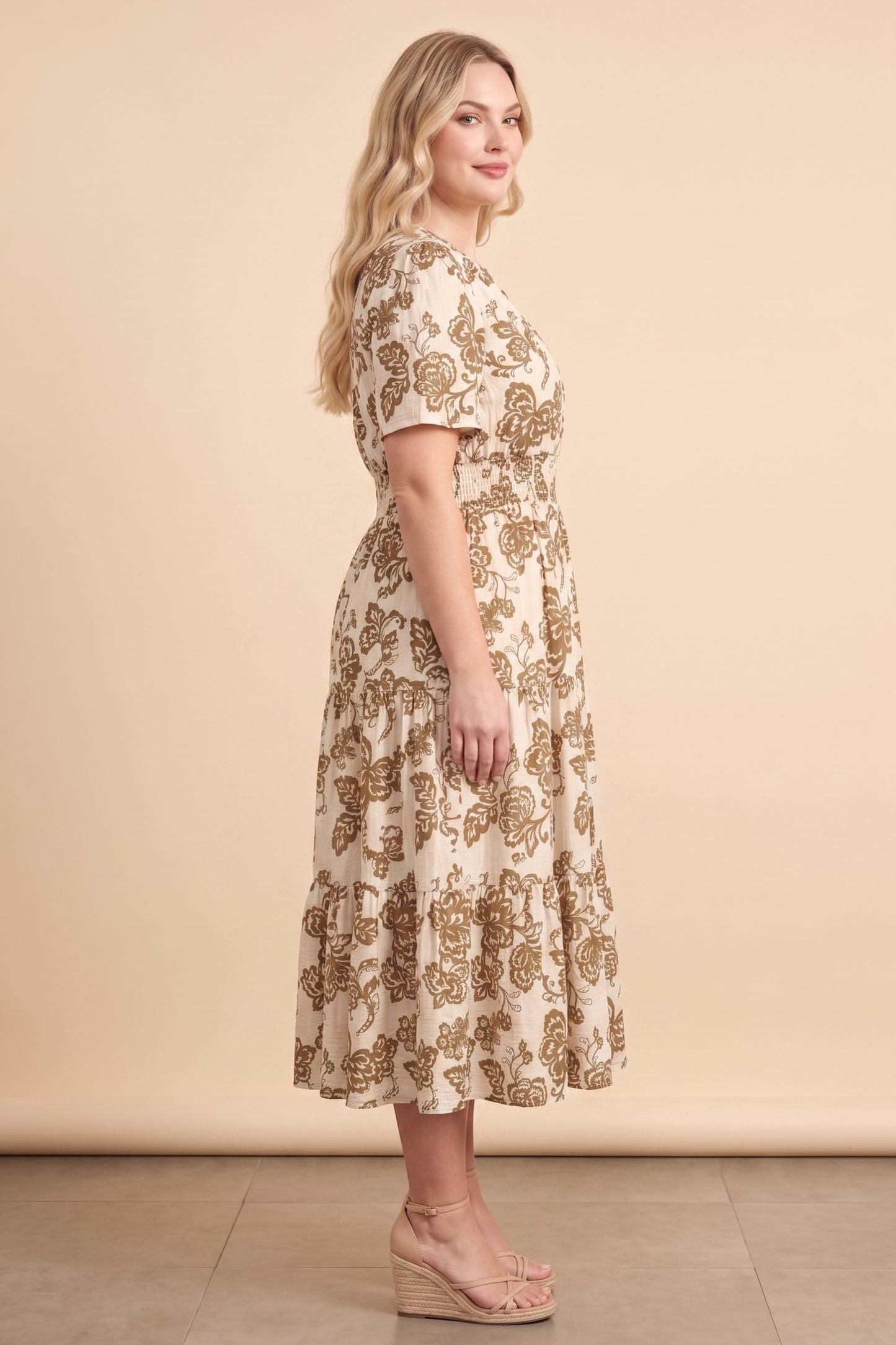 Plus Botanical Paisley Print Smocked Waist Dress