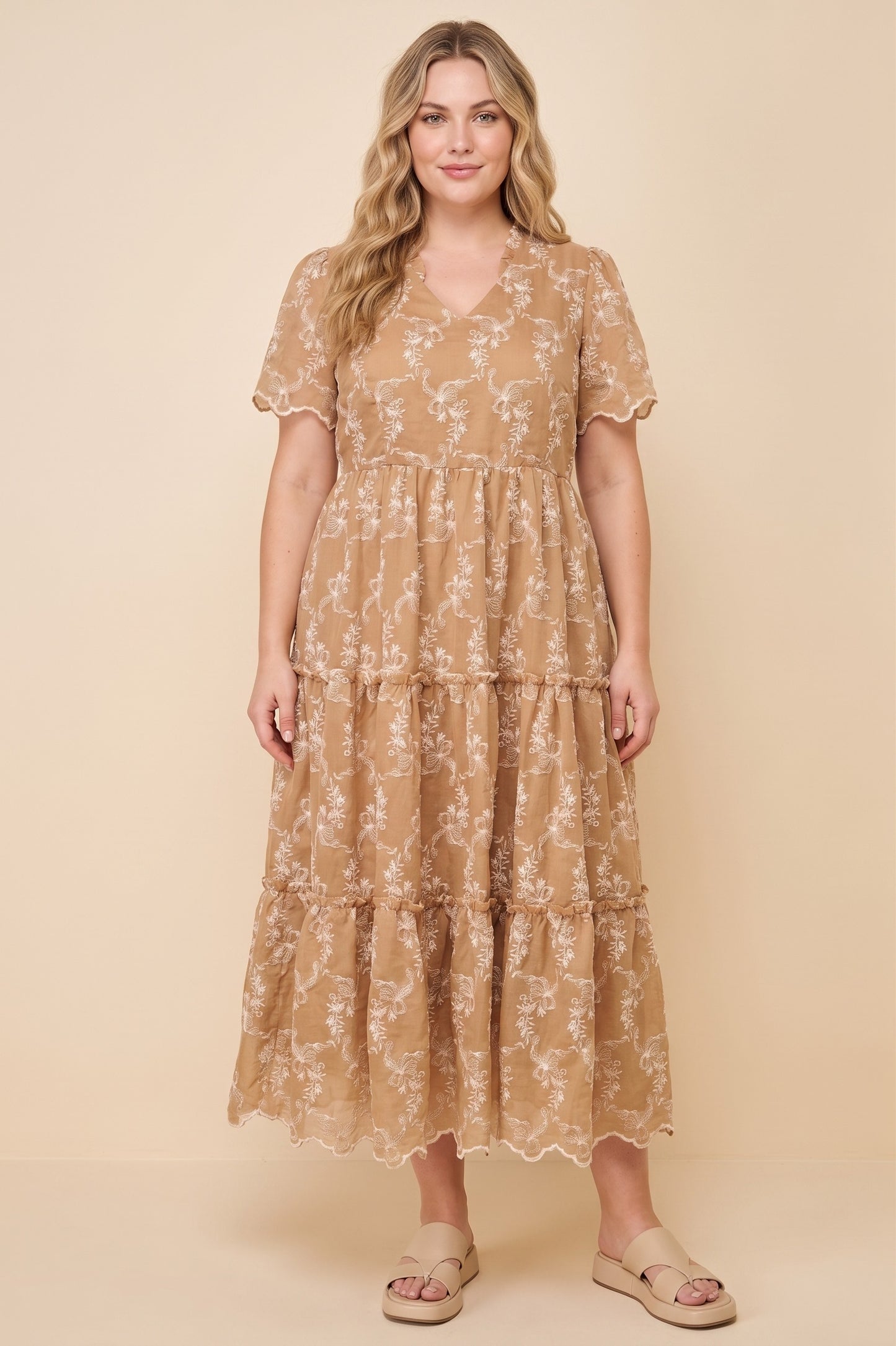Plus Embroidered Scallop Hem V Neck Dress