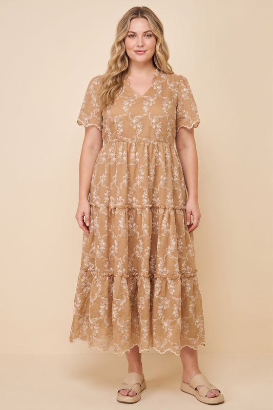 Plus Embroidered Scallop Hem V Neck Dress