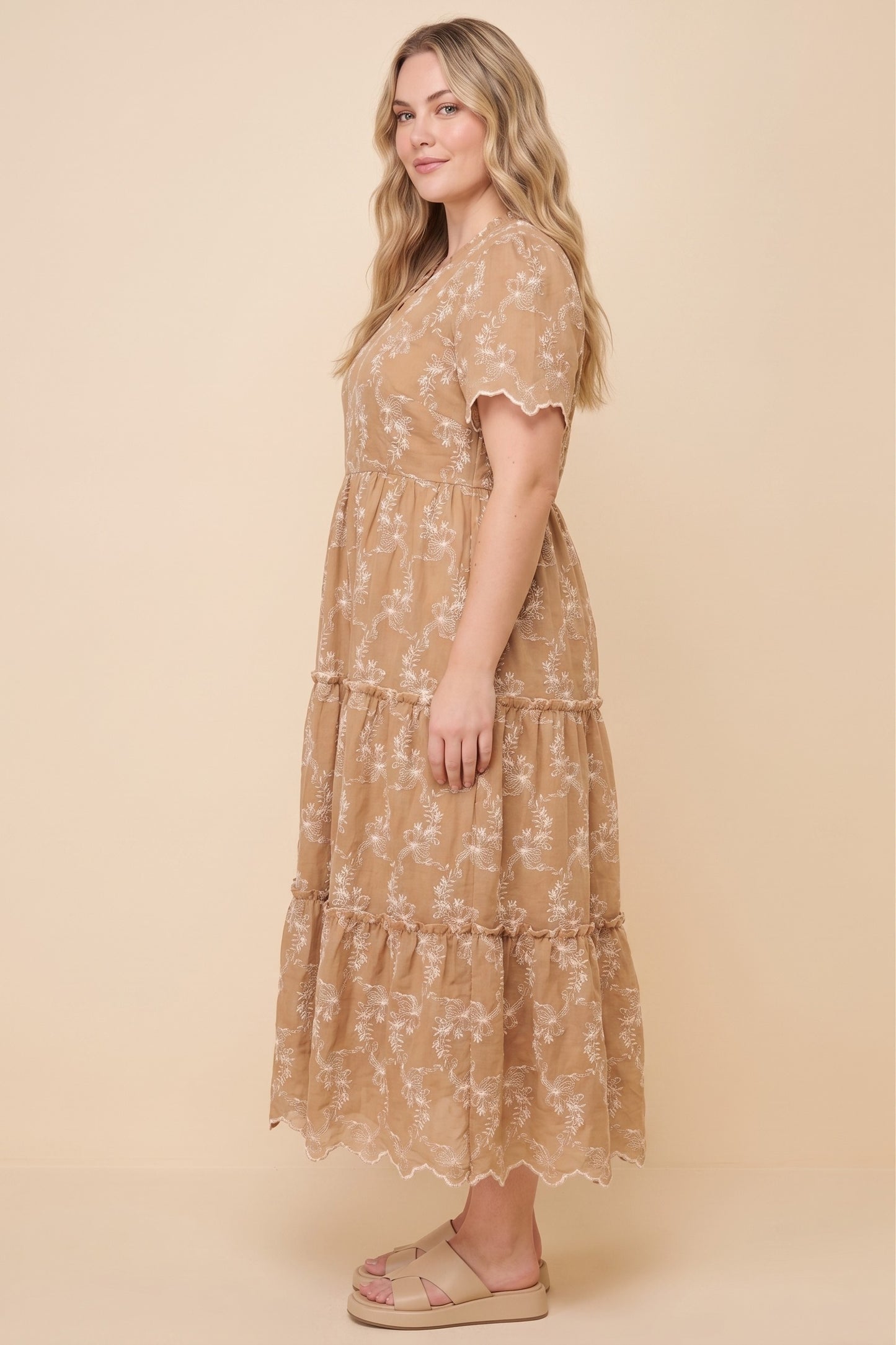 Plus Embroidered Scallop Hem V Neck Dress