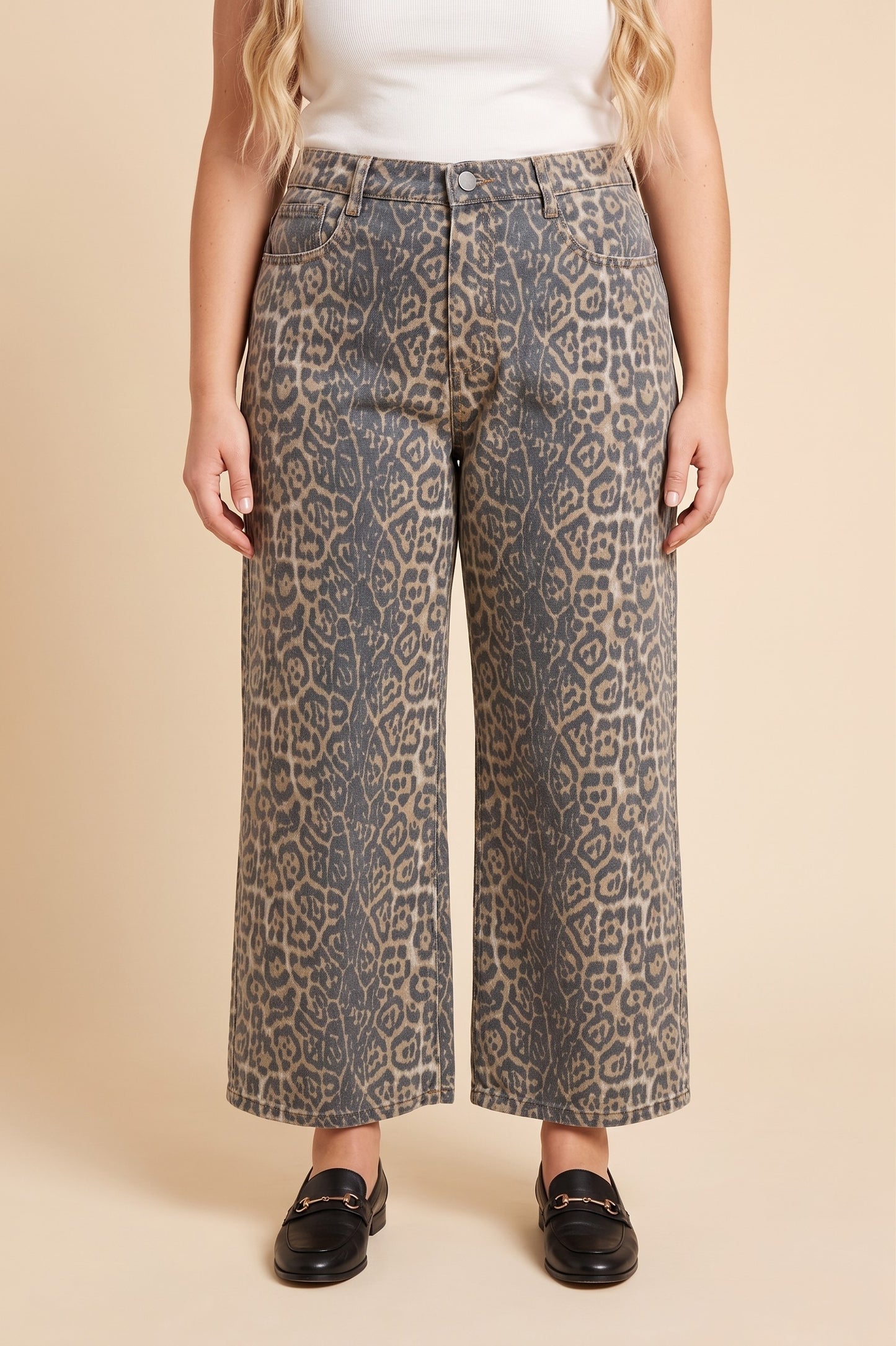 Plus Washed Leopard Print Relaxed Fit Denim Jeans
