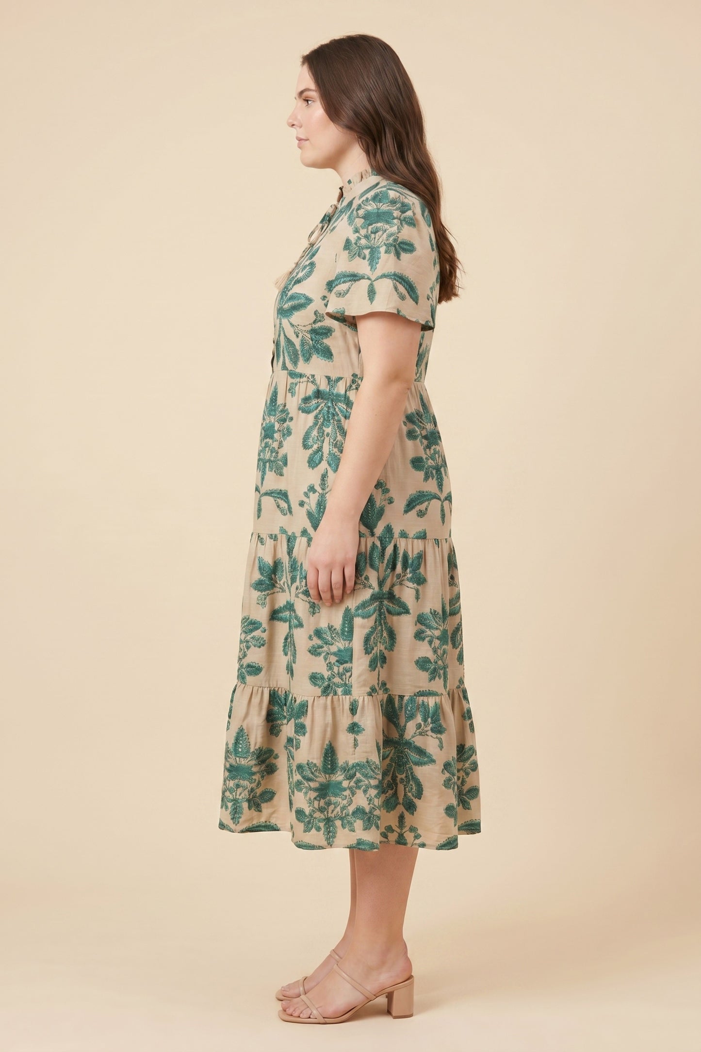 Plus Botanical Print Ruffled Tie Neck Dress