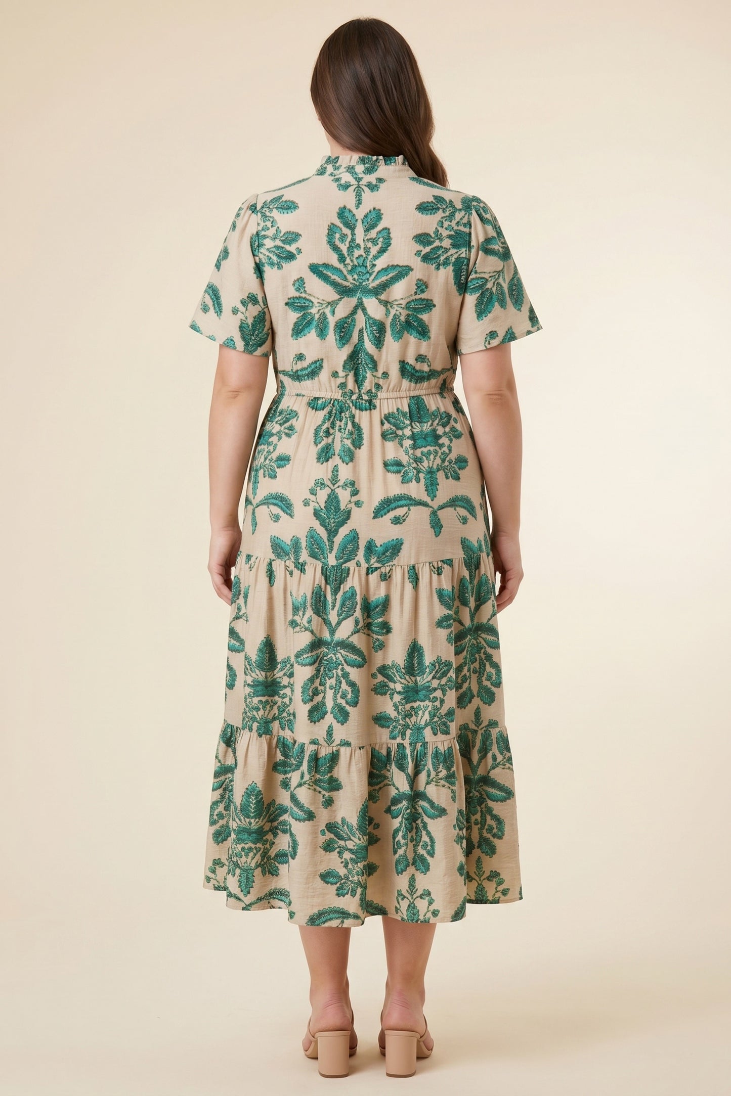 Plus Botanical Print Ruffled Tie Neck Dress