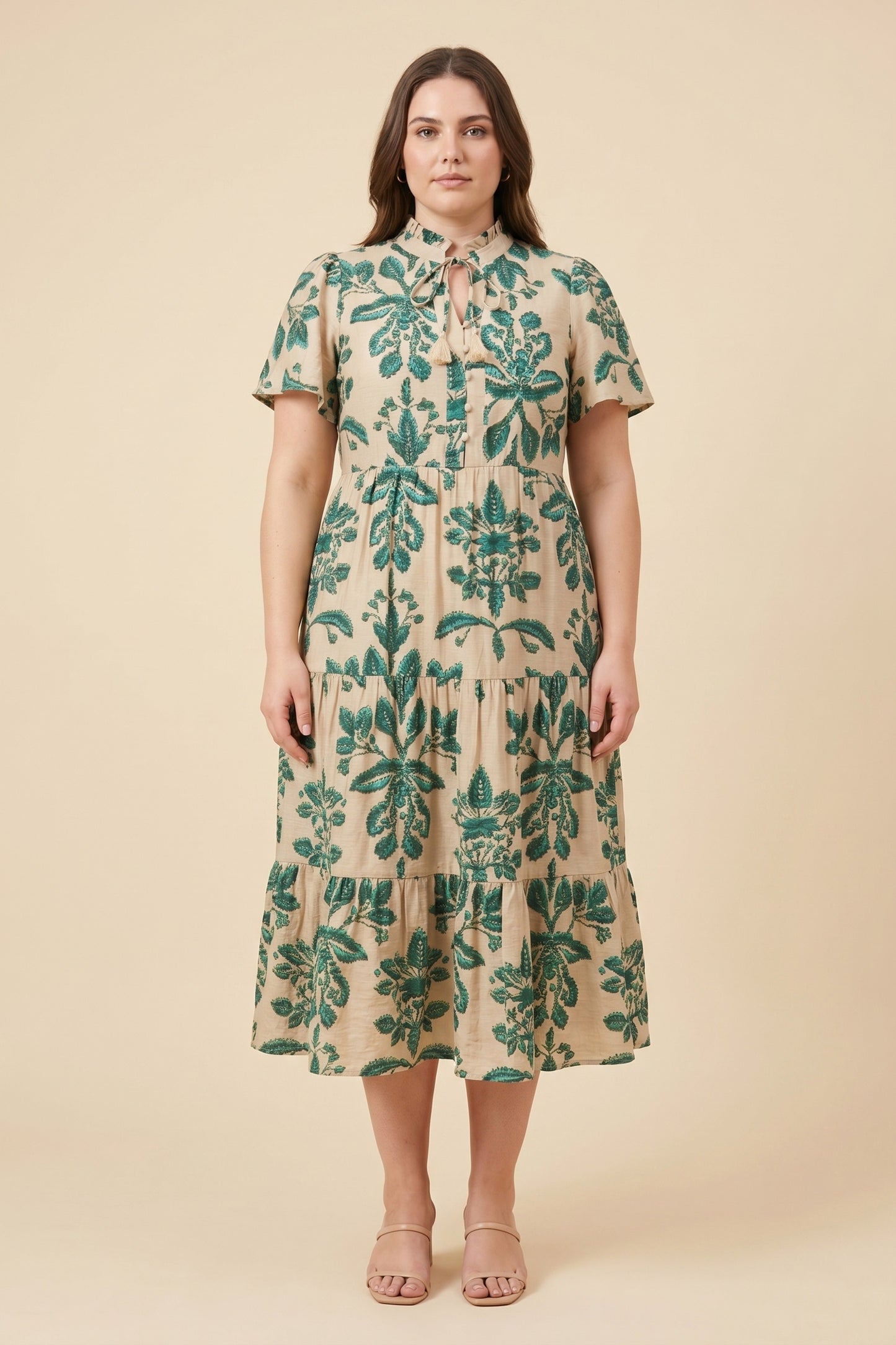 Plus Botanical Print Ruffled Tie Neck Dress