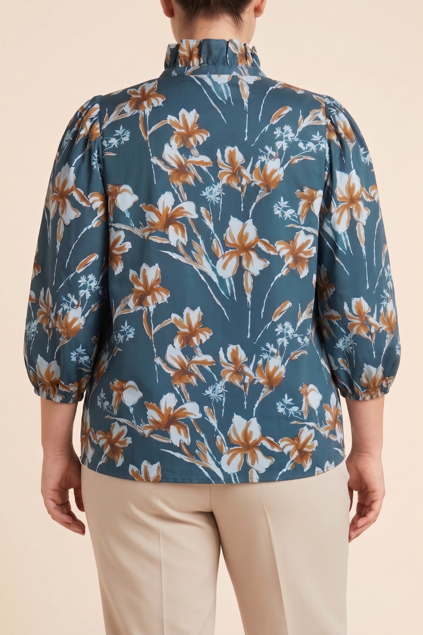 Plus Floral Print High Ruffled Neck Top